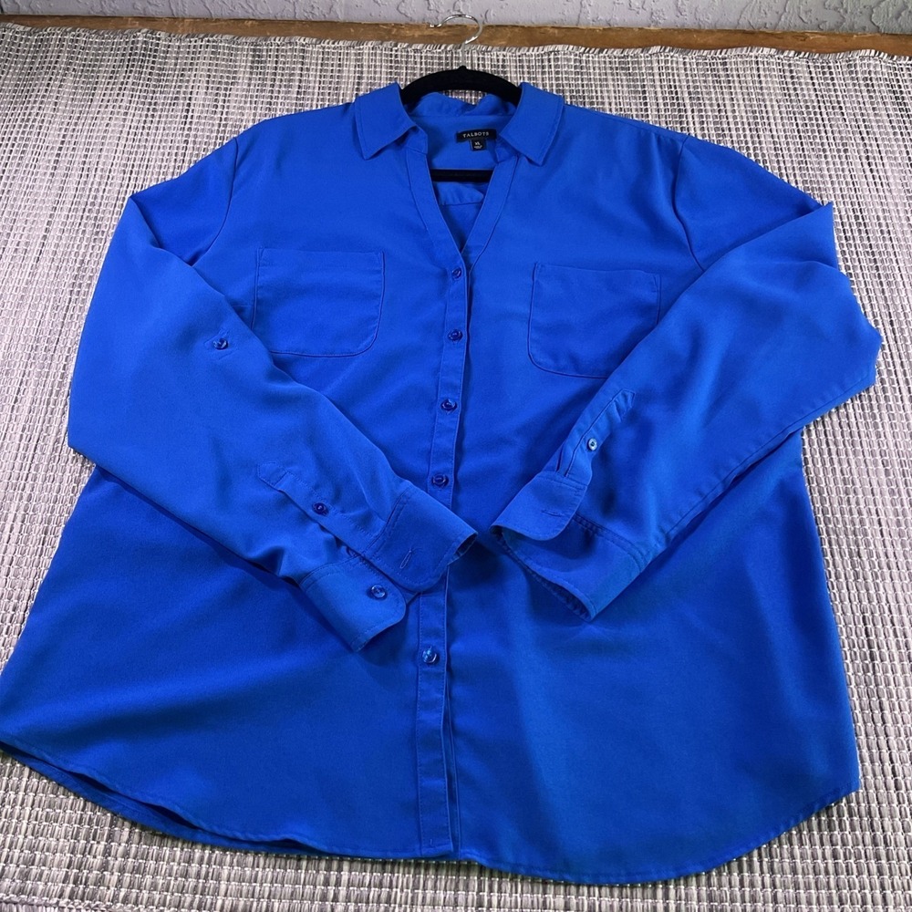 Talbots Royal Blue Roll Tab Long Sleeve Button Down Blouse XL Pocket Front Top